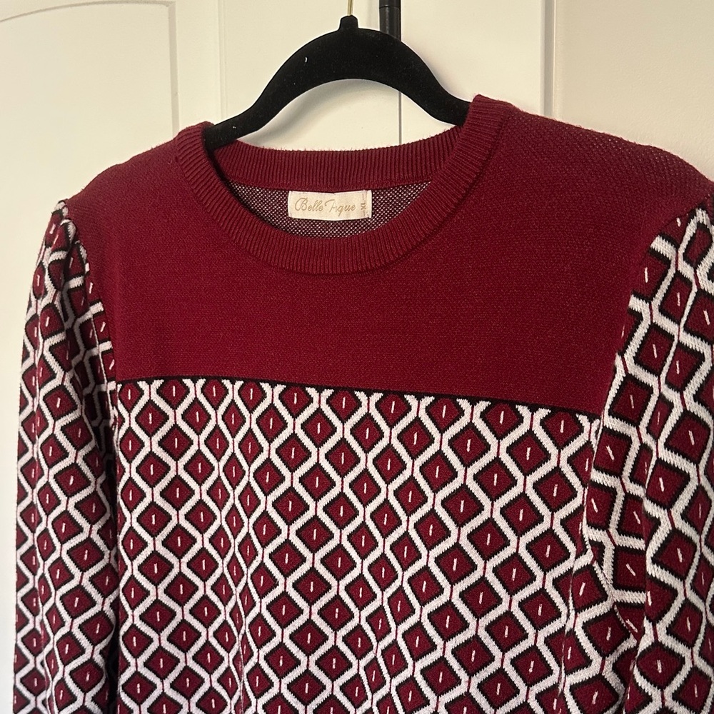 Belle Poque Chic Vintage Retro Wine red and White Geometric Sweater